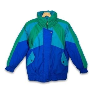 VINTAGE 80s Colorblock Geometric Stripe Down Puffer High Neck Snow & Ski Coat‎ M